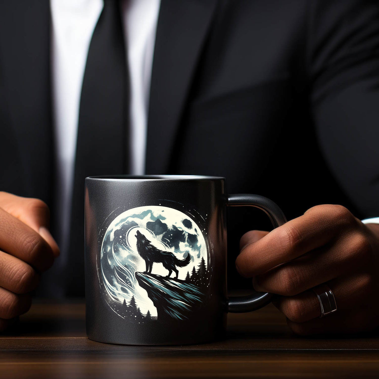 Wolf im Vollmond Tasse schwarz in Schwarz
