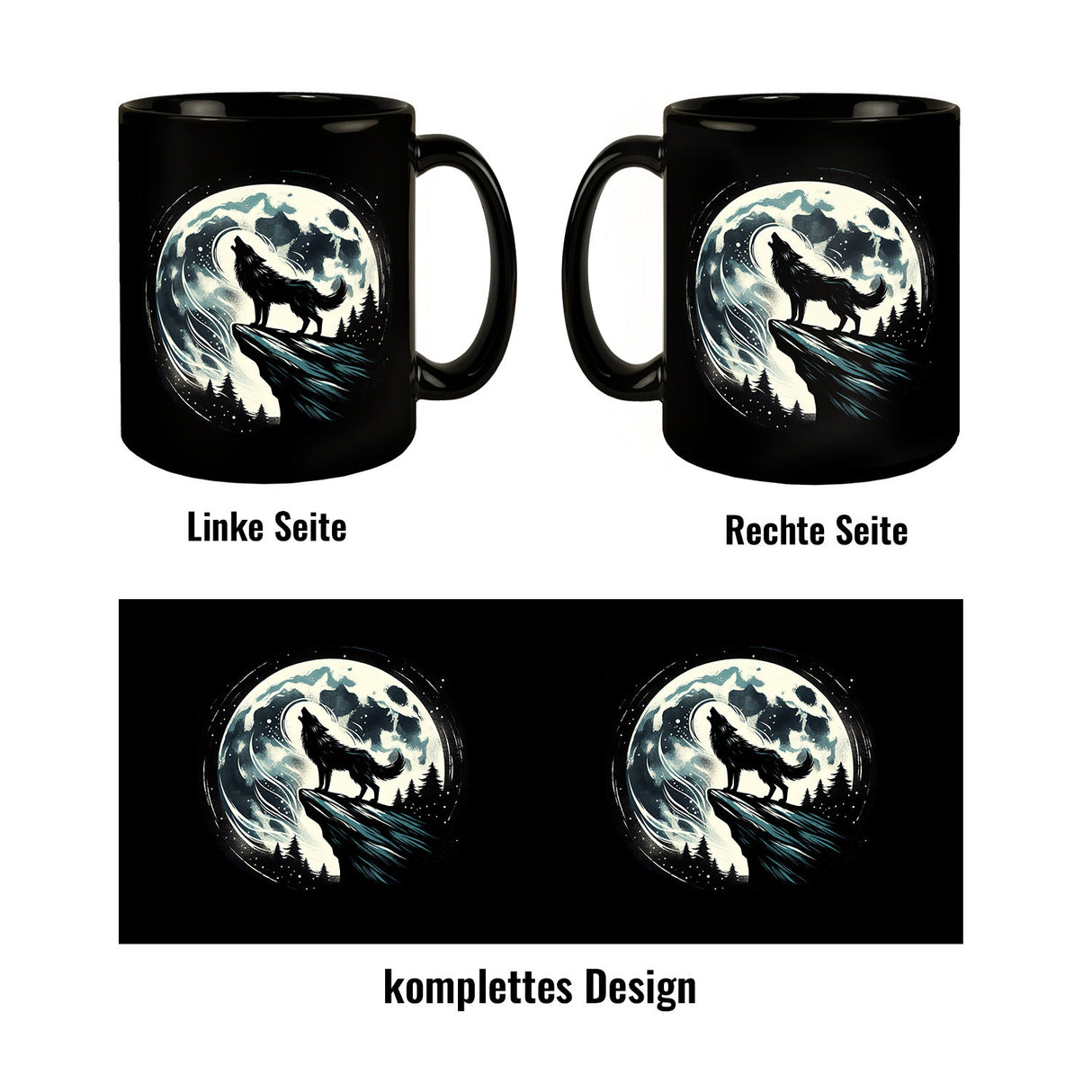 Wolf im Vollmond Tasse schwarz in Schwarz