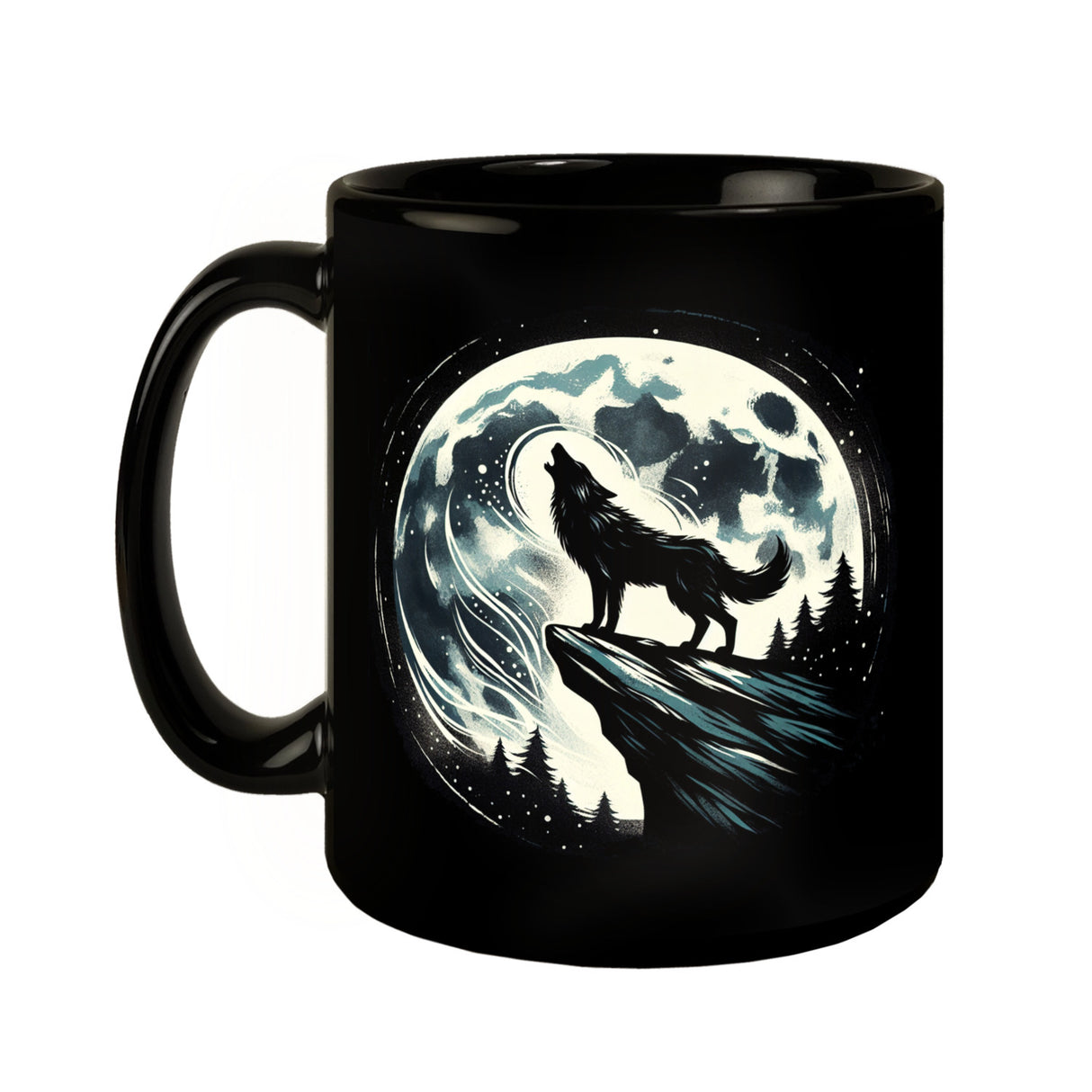 Wolf im Vollmond Tasse schwarz in Schwarz