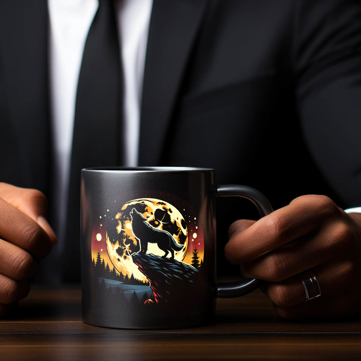 Heulender Wolf in der Nacht Tasse schwarz in Schwarz