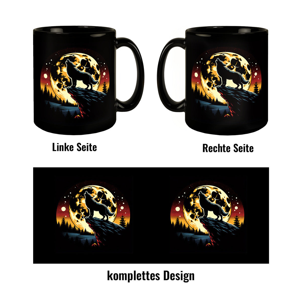 Heulender Wolf in der Nacht Tasse schwarz in Schwarz
