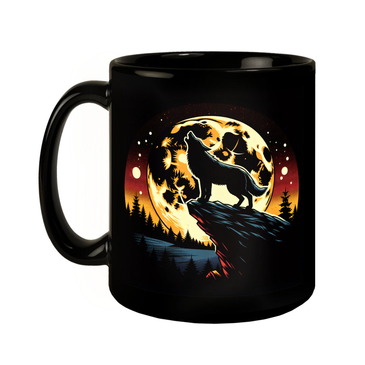 Heulender Wolf in der Nacht Tasse schwarz in Schwarz