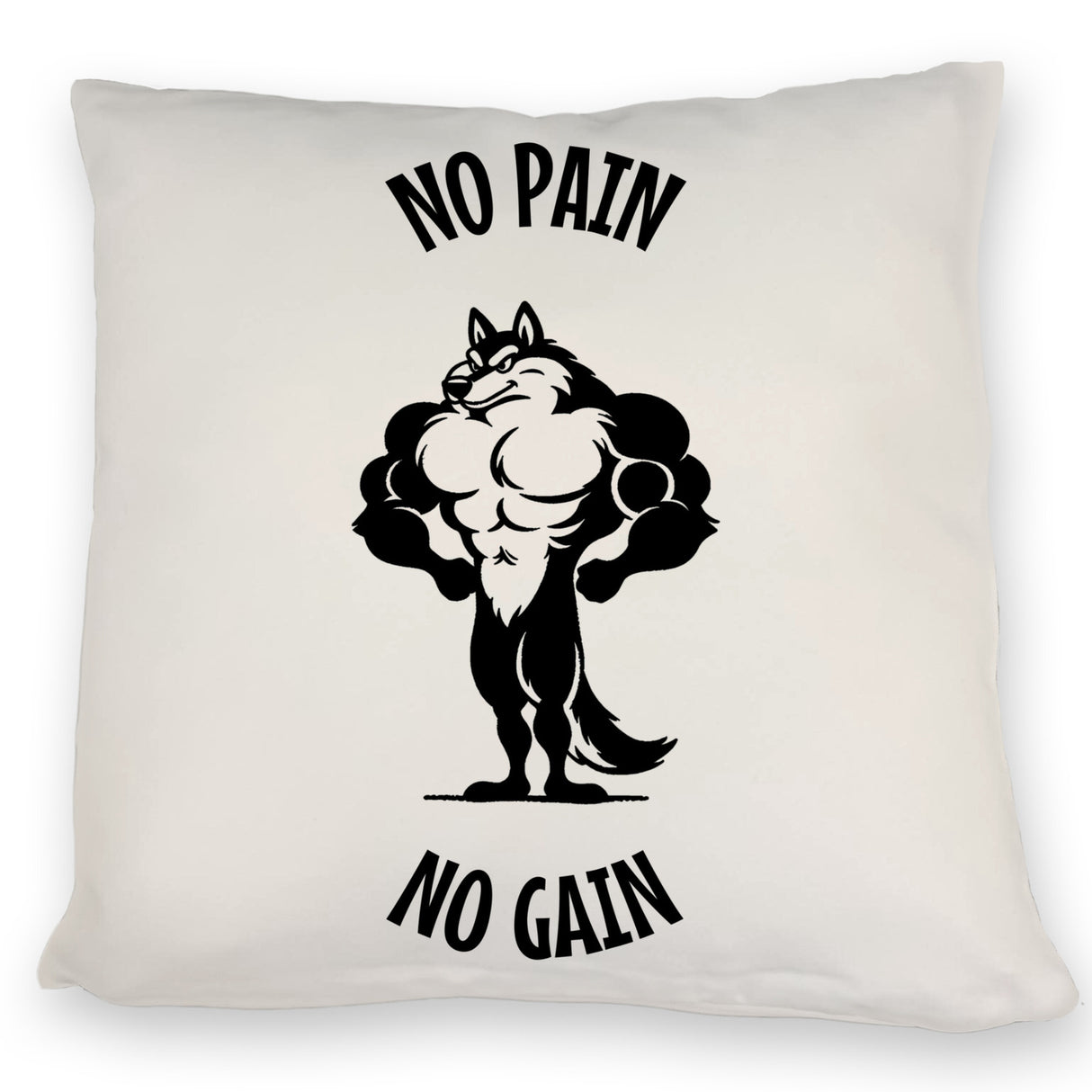 Muskulöser Fitness-Wolf Kissen mit Spruch NO PAIN NO GAIN