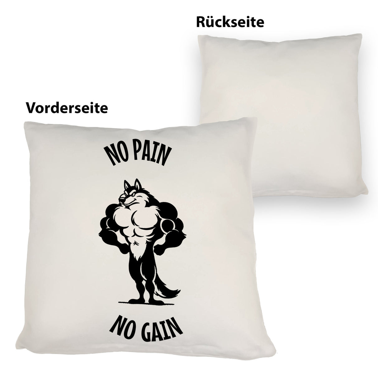 Muskulöser Fitness-Wolf Kissen mit Spruch NO PAIN NO GAIN