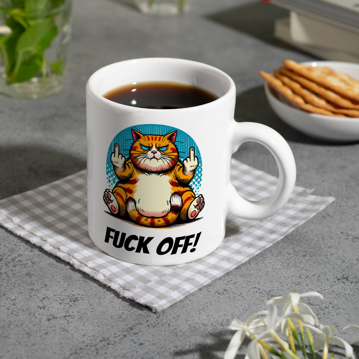 Katze Mittelfinger Kaffeebecher mit Spruch Fuck OFF!