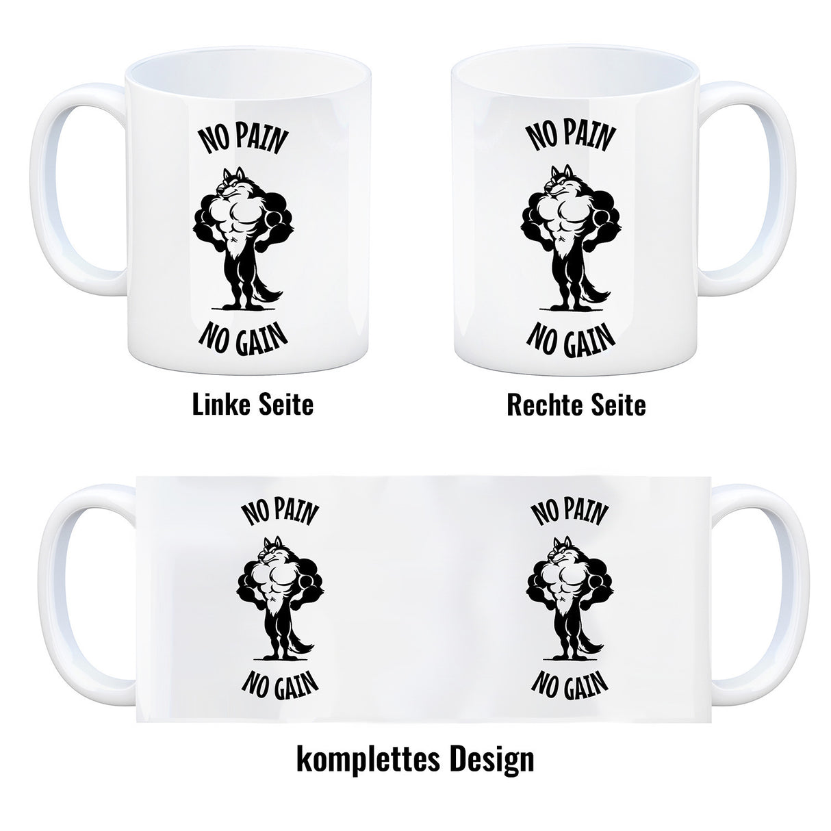 Muskulöser Fitness-Wolf Kaffeebecher mit Spruch NO PAIN NO GAIN