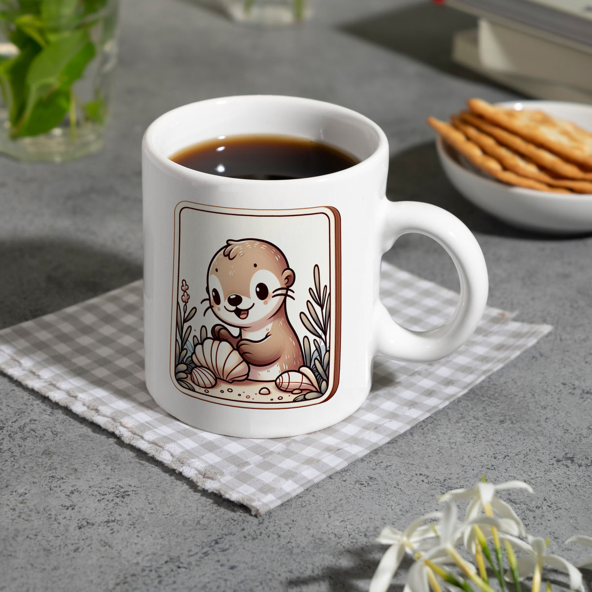 Baby Otter mit Muschel Retro Kaffeebecher