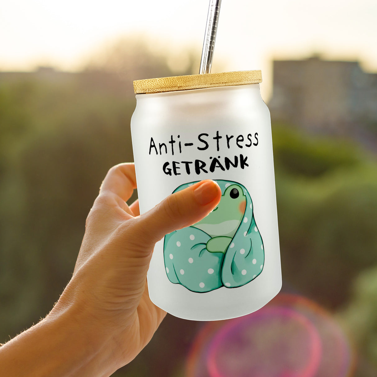Frosch in blauer Decke Trinkglas mit Bambusdeckel mit Spruch Anti-Stress Getränk