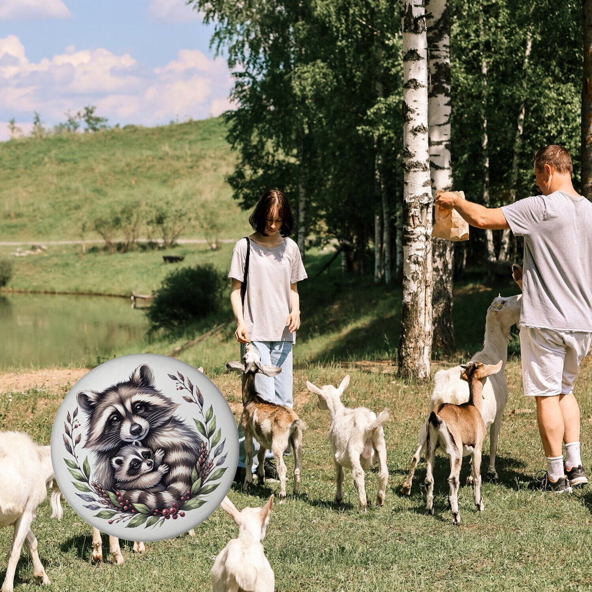 Waschbärmama mit Baby Magnet rund rund