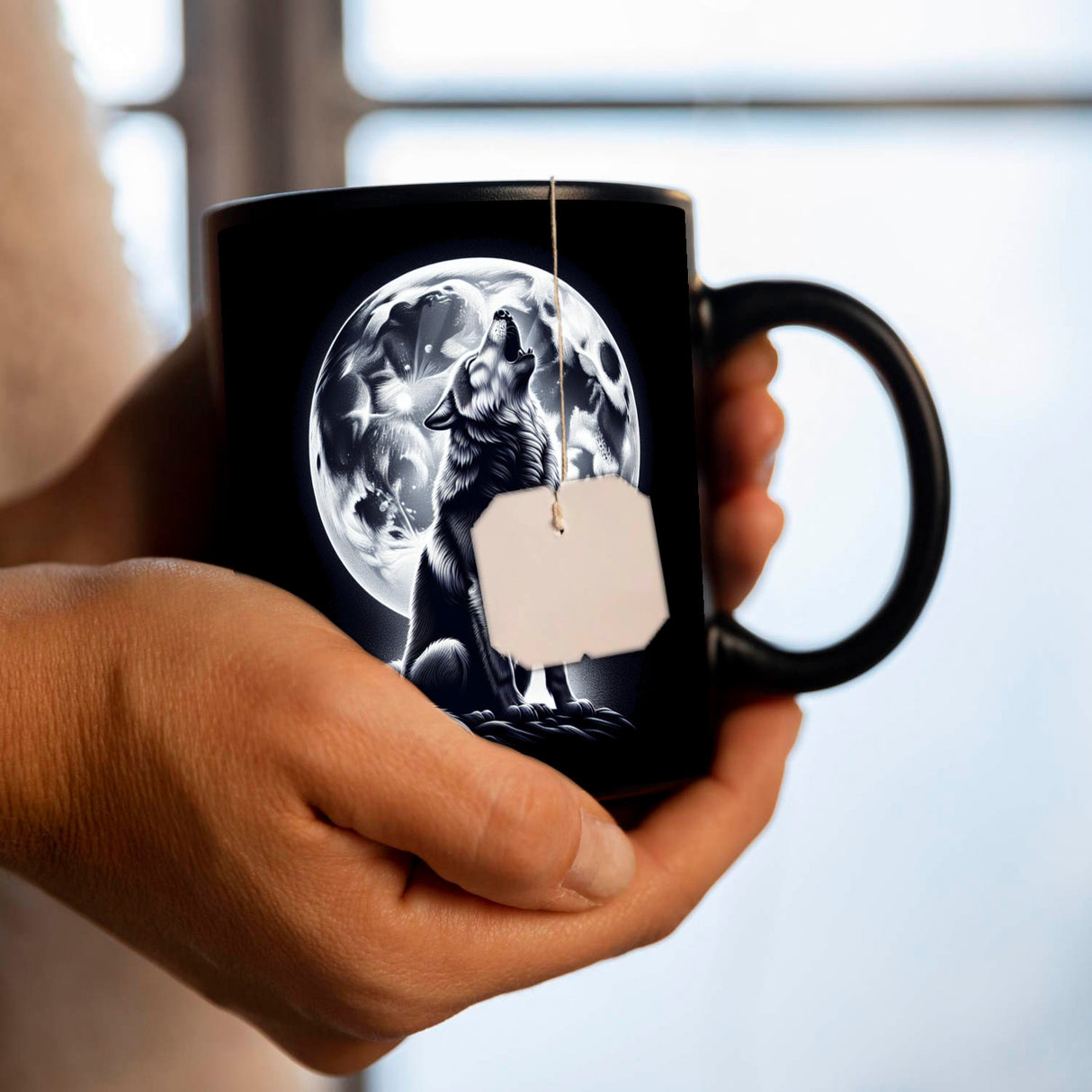 Sitzender Wolf im Mondschein Tasse in Schwarz