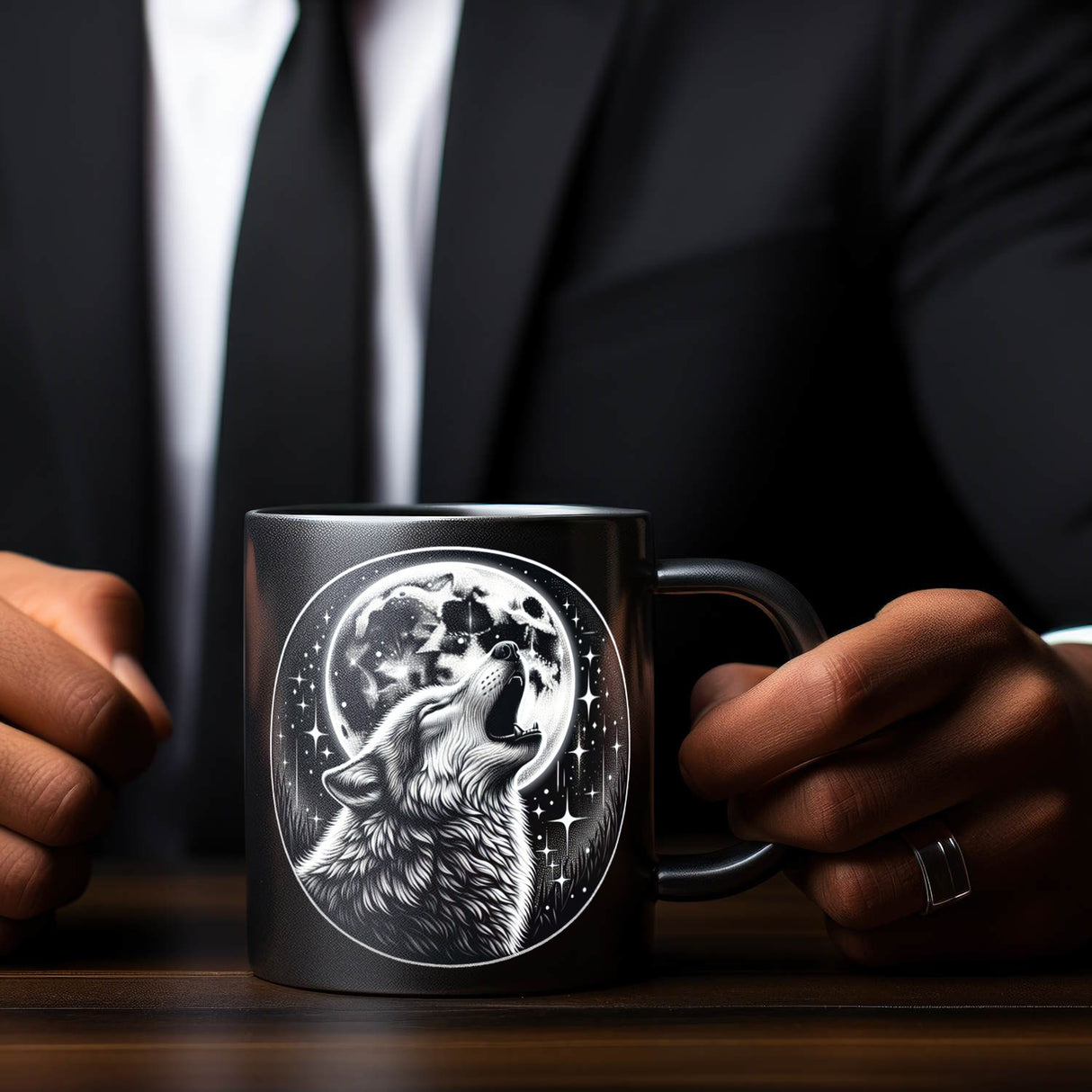 Heulender Wolf Tasse in Schwarz