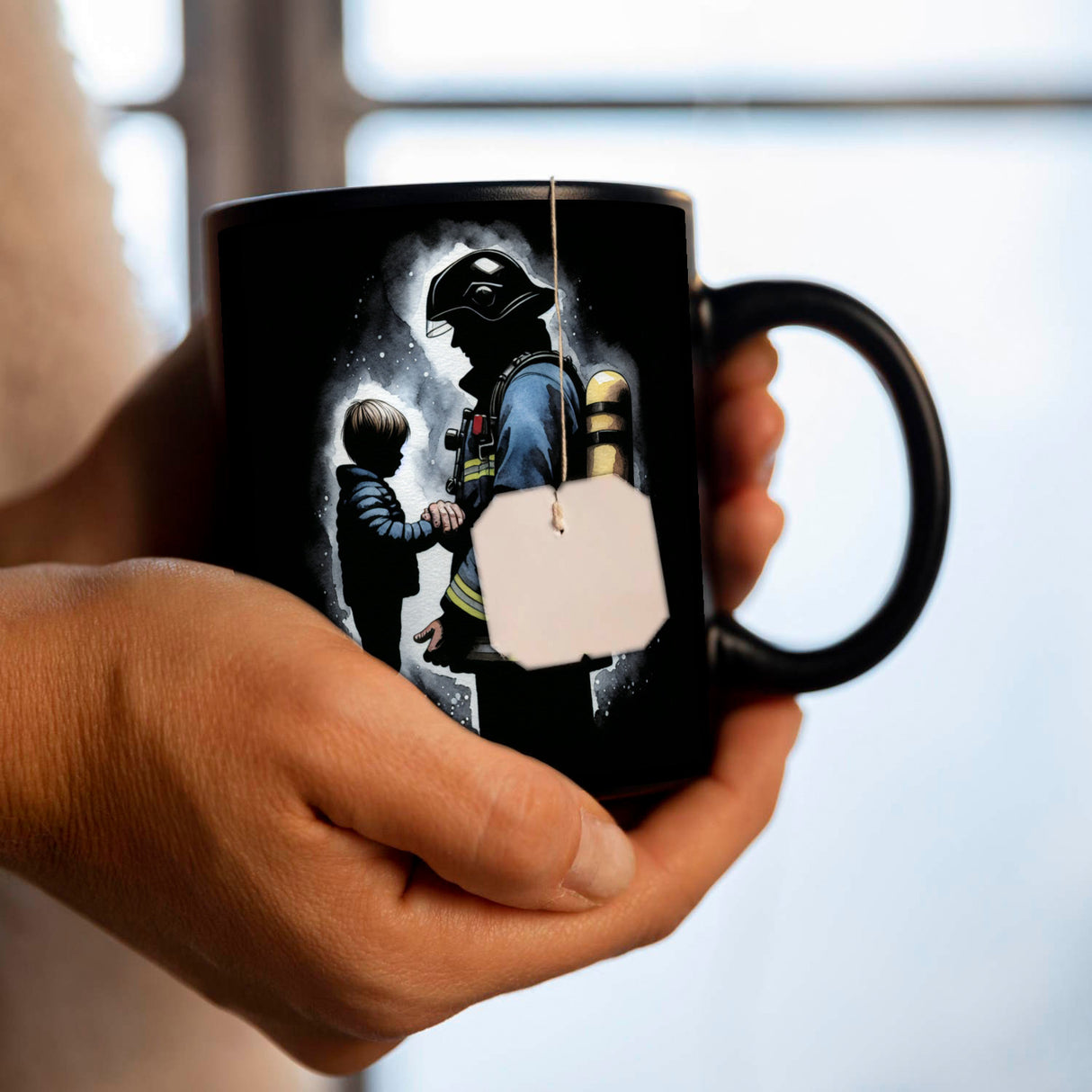 Feuerwehrmann hält die Hand seines Kindes Tasse in Schwarz