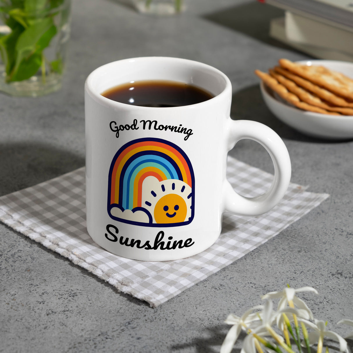 Regenbogen und Sonne Kaffeebecher mit Spruch Good Morning Sunshine