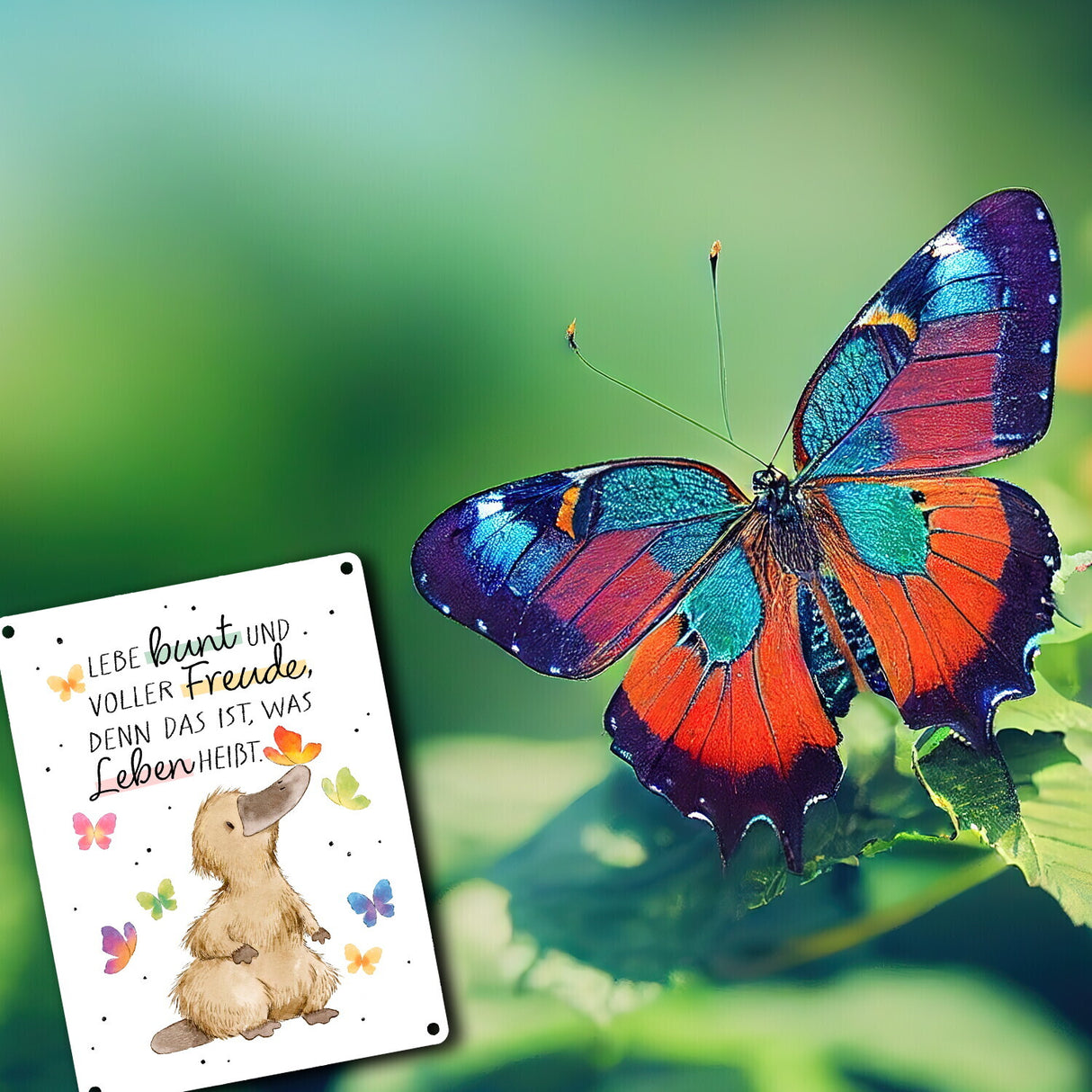 Schnabeltier Metallschild in 15x20 cm mit Spruch Lebe bunt und freudig