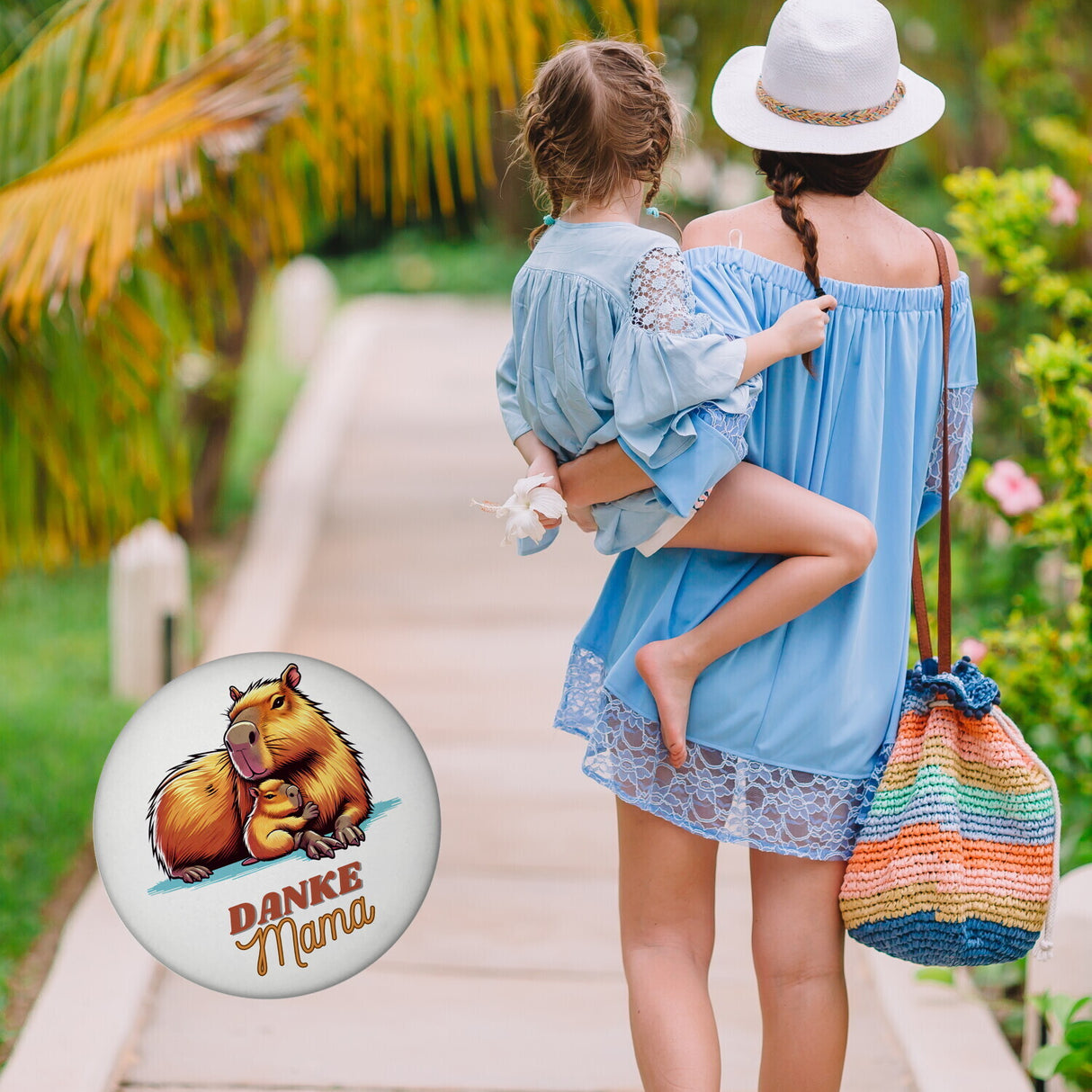 Capybara Mama und Kind Magnet rund mit Spruch Danke Mama