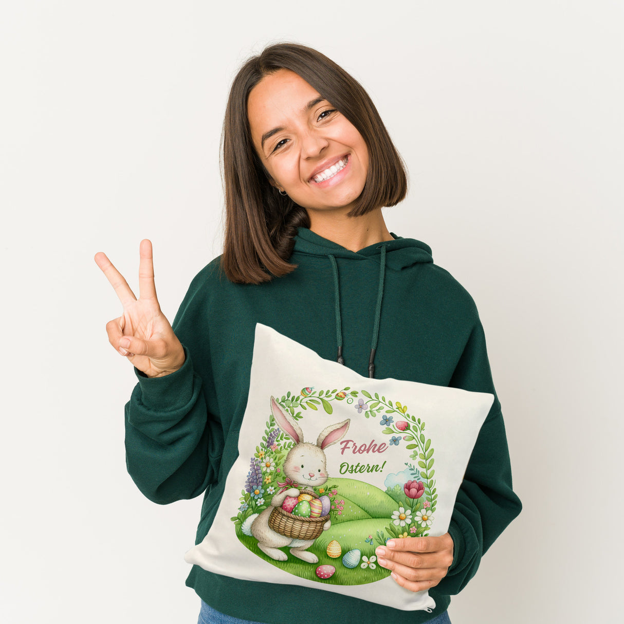 Osterhase Kissen mit Spruch Frohe Ostern