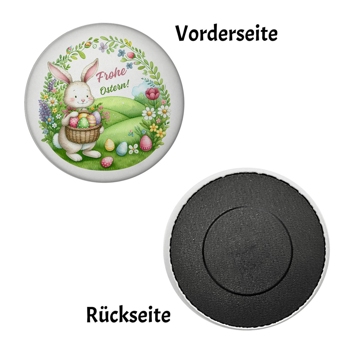 Osterhase Magnet rund mit Spruch Frohe Ostern