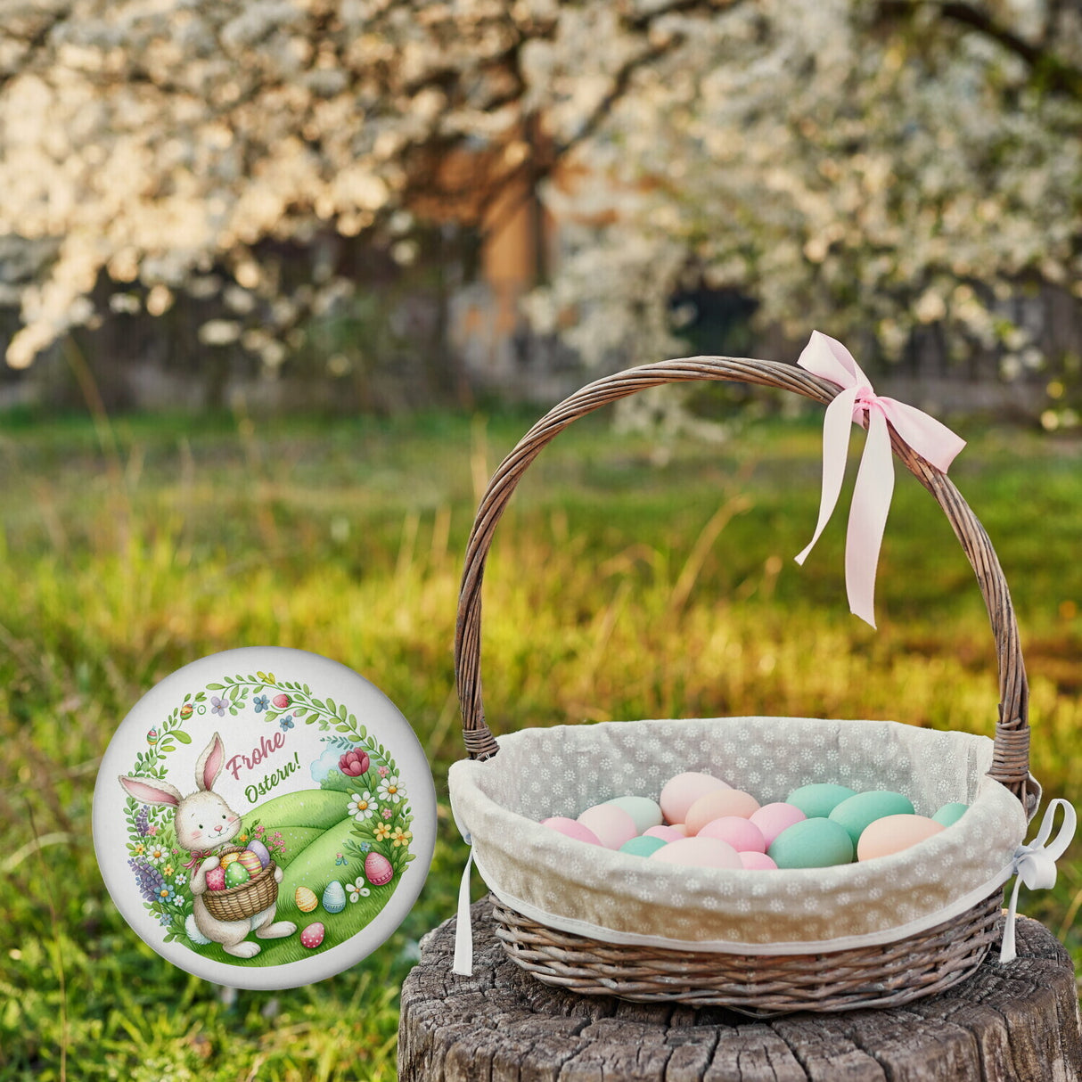 Osterhase Magnet rund mit Spruch Frohe Ostern