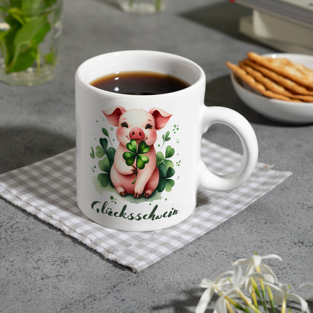 Glücksschwein mit Kleeblatt Kaffeebecher