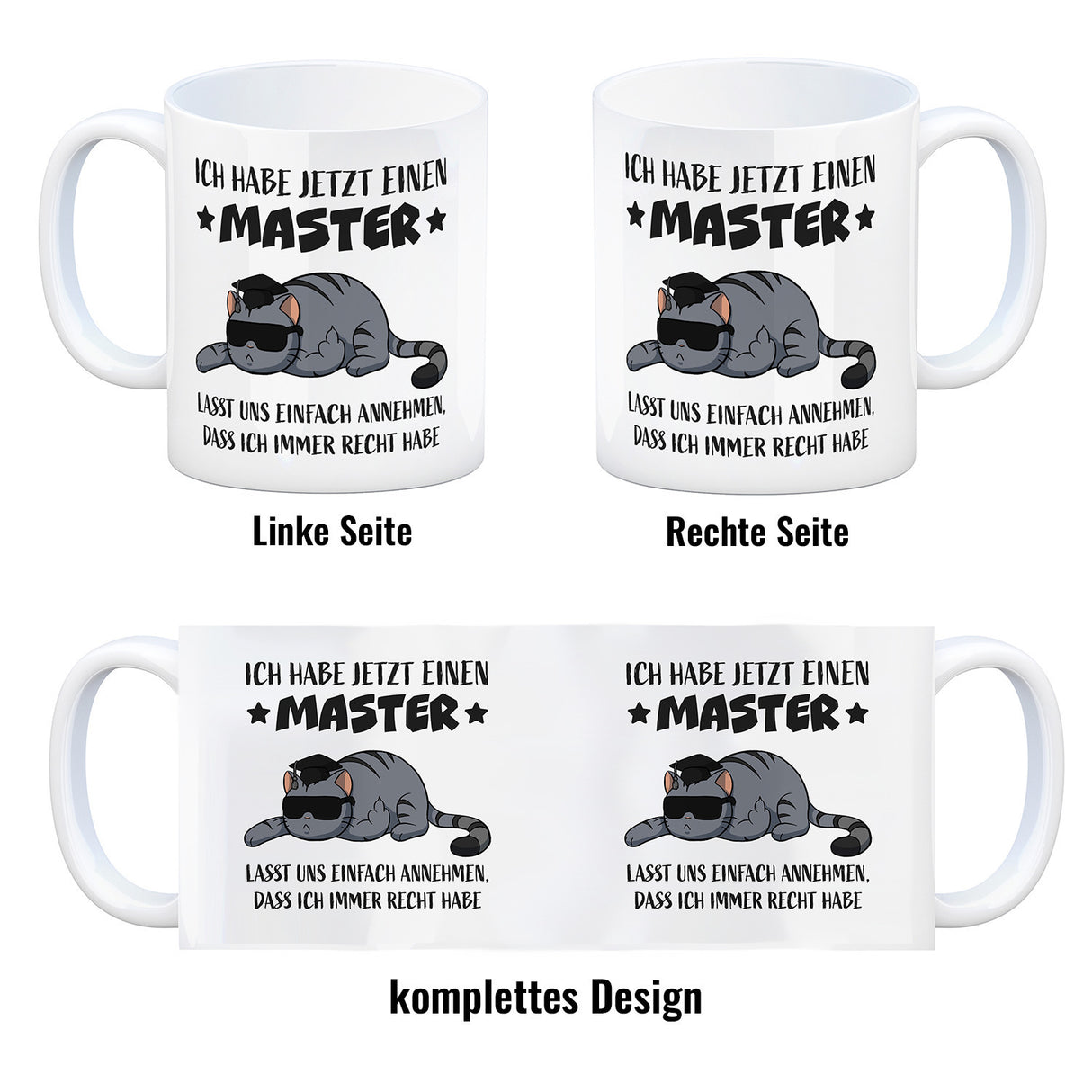 Schlaumeier-Katze Kaffeebecher mit Spruch Habe Master und immer recht