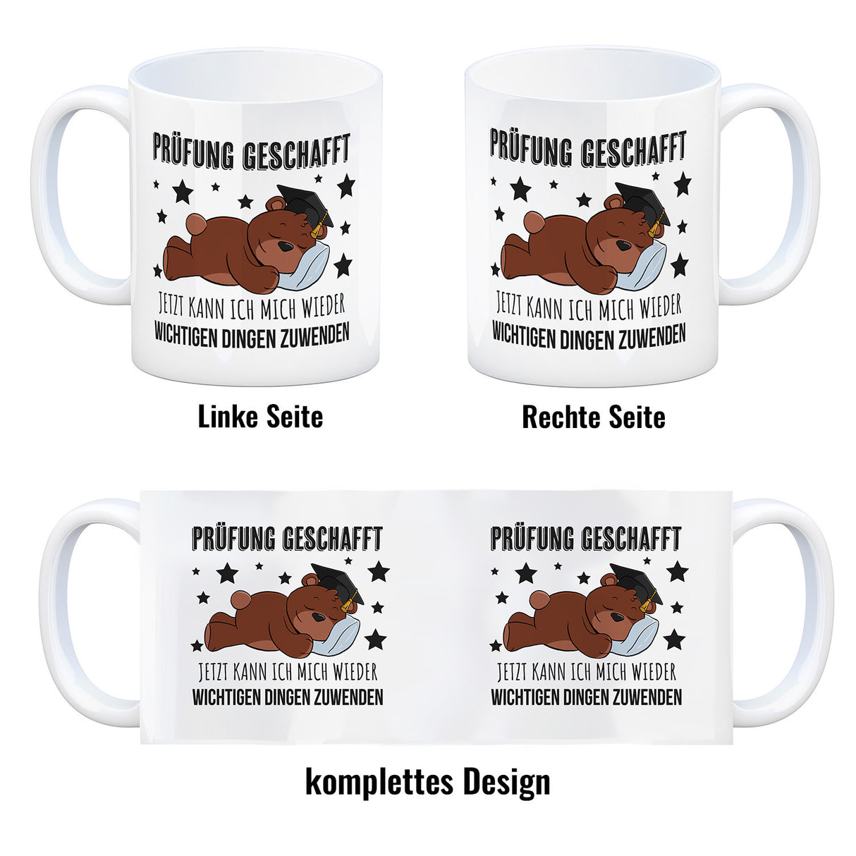 Schlafender Bär mit Doktorhut Kaffeebecher mit Spruch Prüfung bestanden