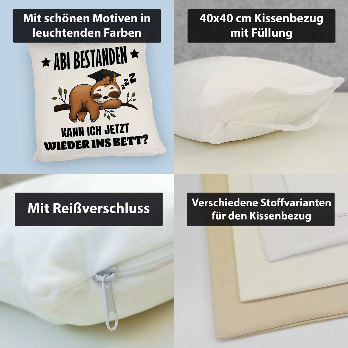 Abi bestanden Faultier Kissen mit Spruch zurück ins Bett