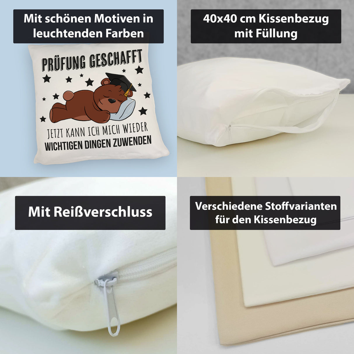 Schlafender Bär mit Doktorhut Kissen mit Spruch Prüfung bestanden