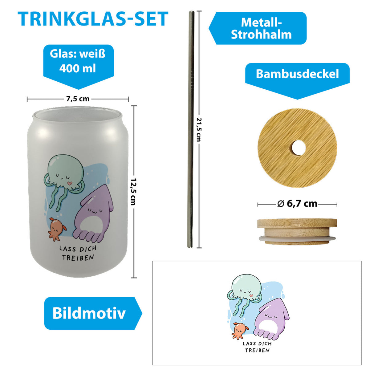 Jelly & Friends Trinkglas mit Bambusdeckel mit Spruch Lass dich treiben