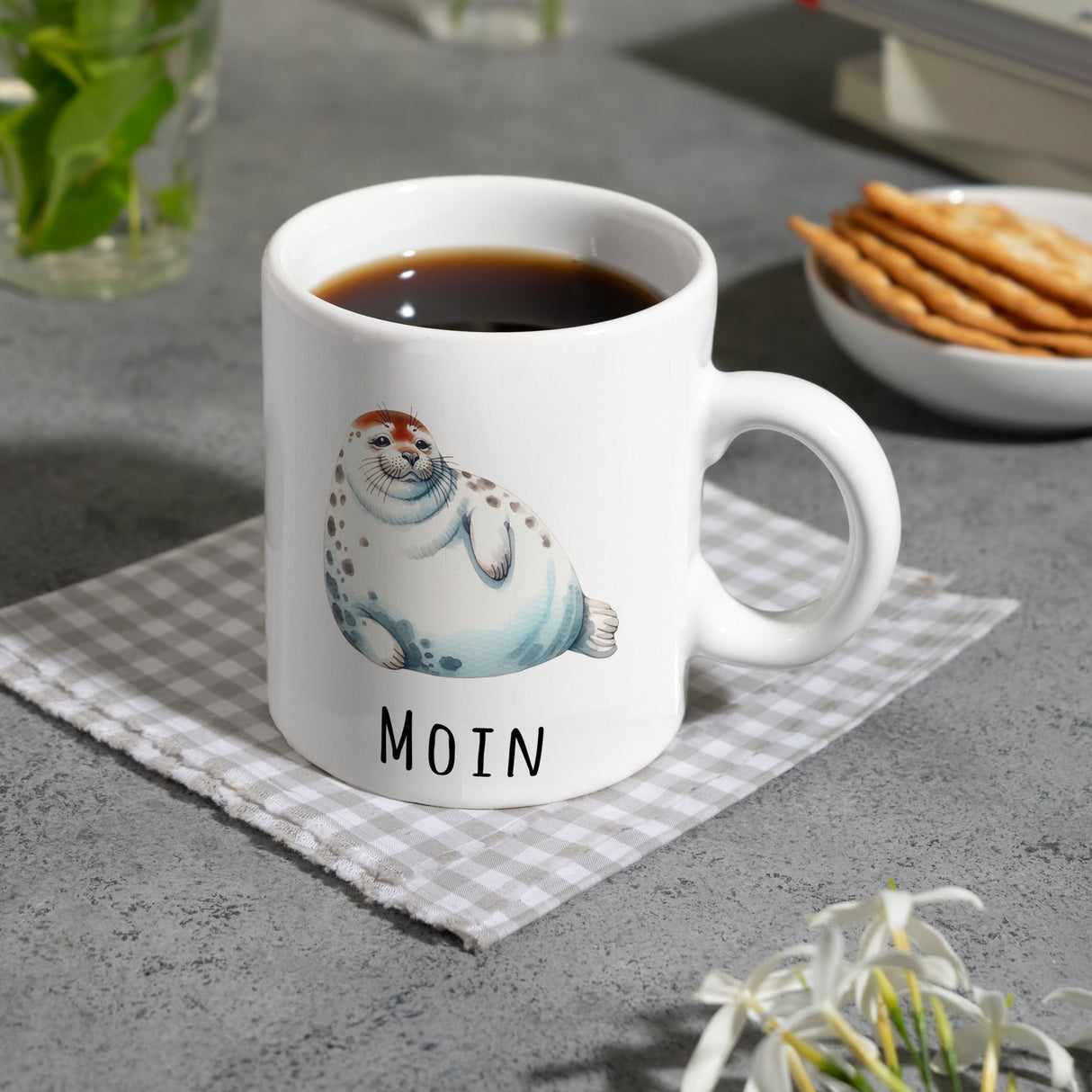 Dicke Robbe Kaffeebecher mit Spruch Moin