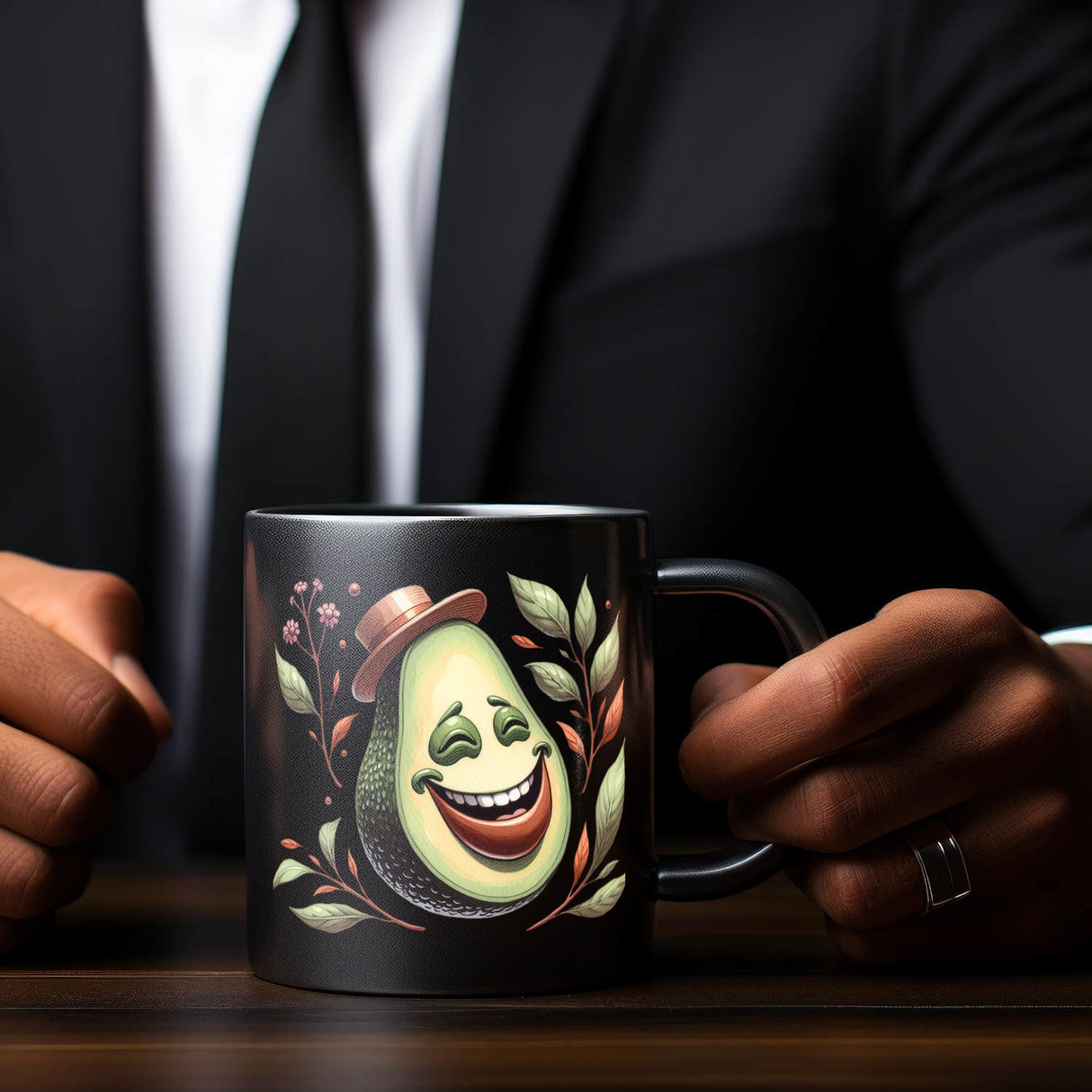 Lachende Avocado mit Hut Tasse in Schwarz