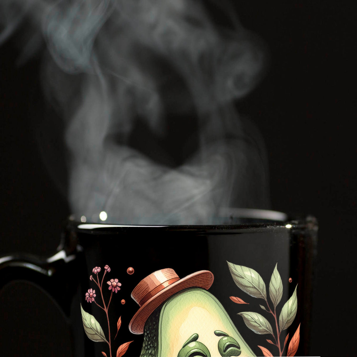 Lachende Avocado mit Hut Tasse in Schwarz