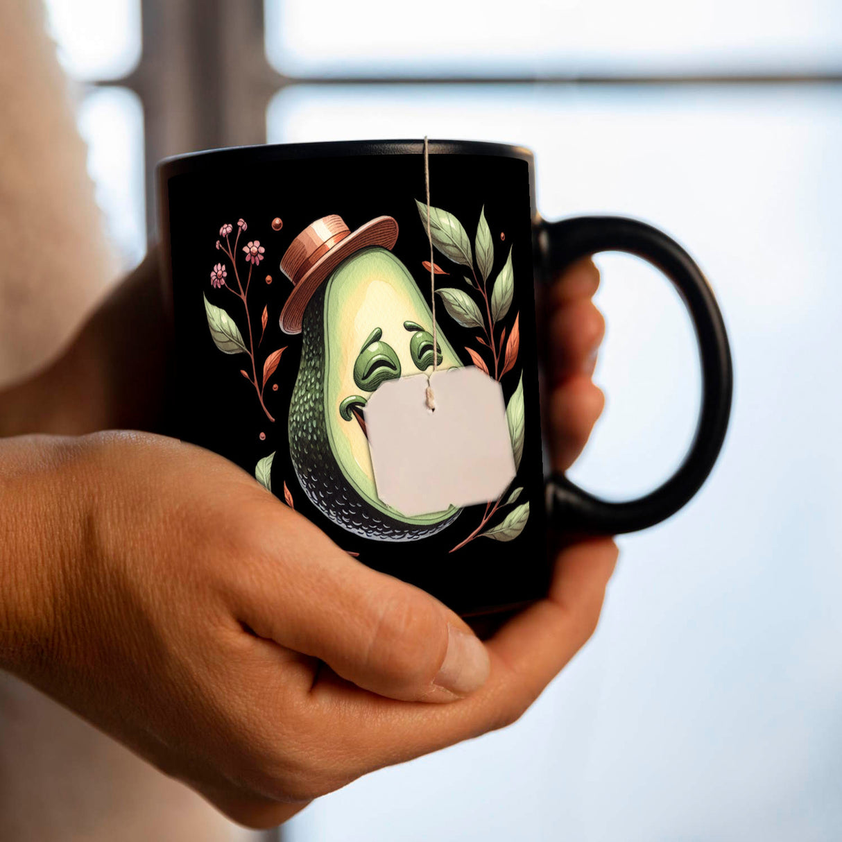 Lachende Avocado mit Hut Tasse in Schwarz