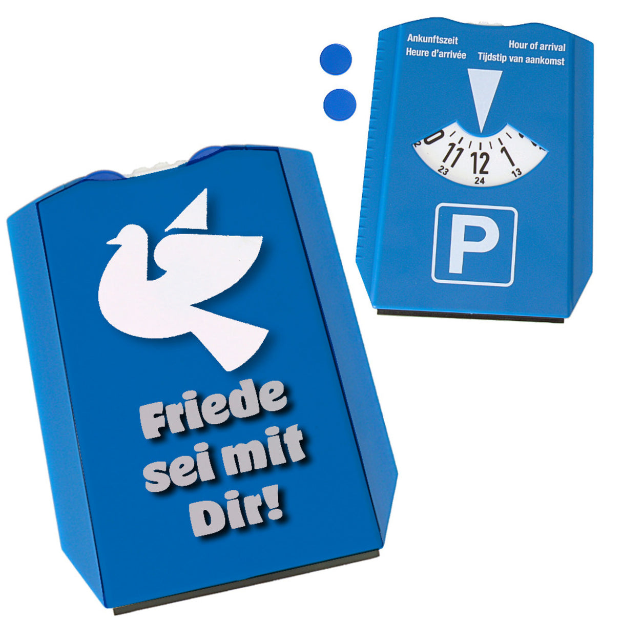 Friendstaube Parkscheibe in blau mit Spruch Friede sei mit Dir