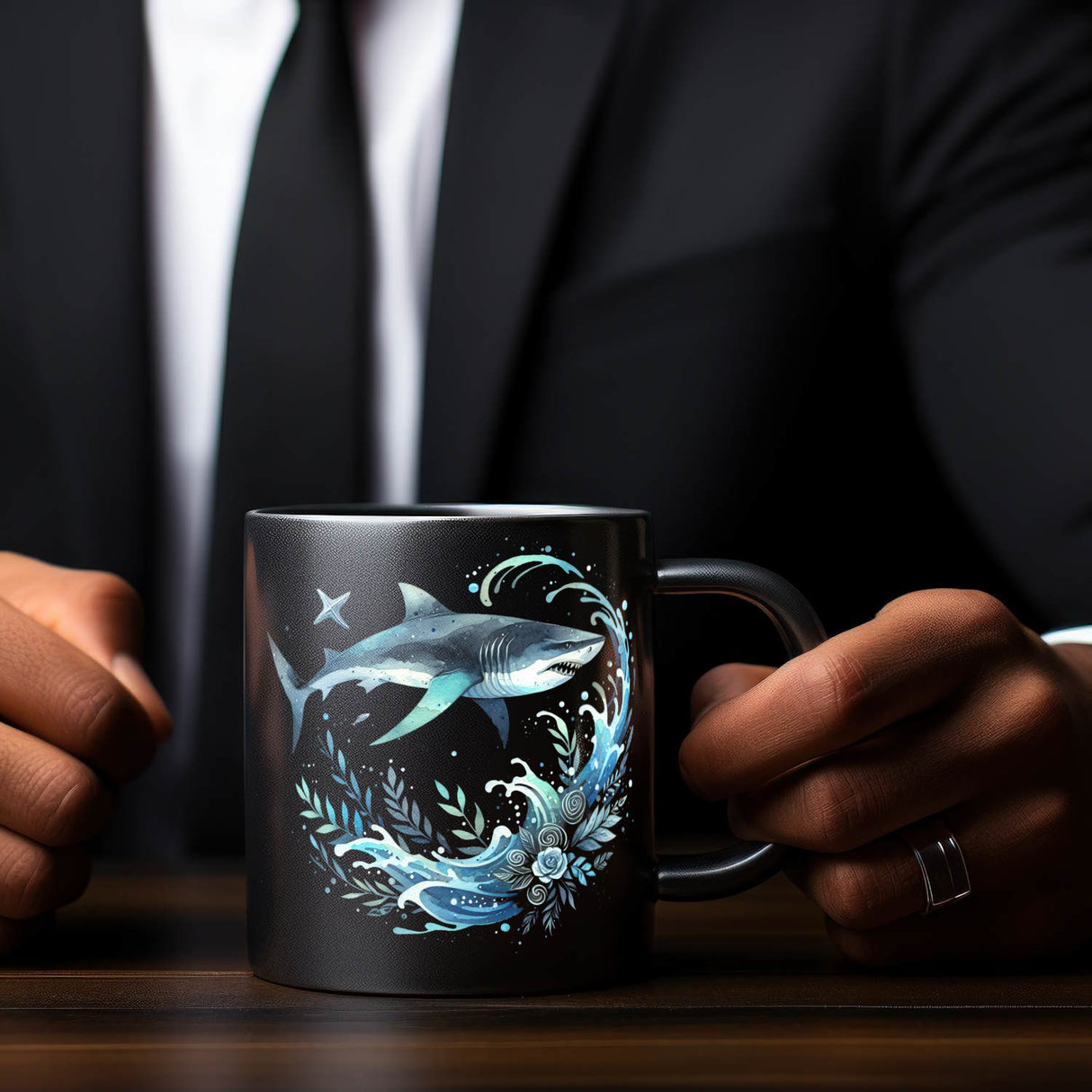 Haifisch im Wasser Tasse in Schwarz