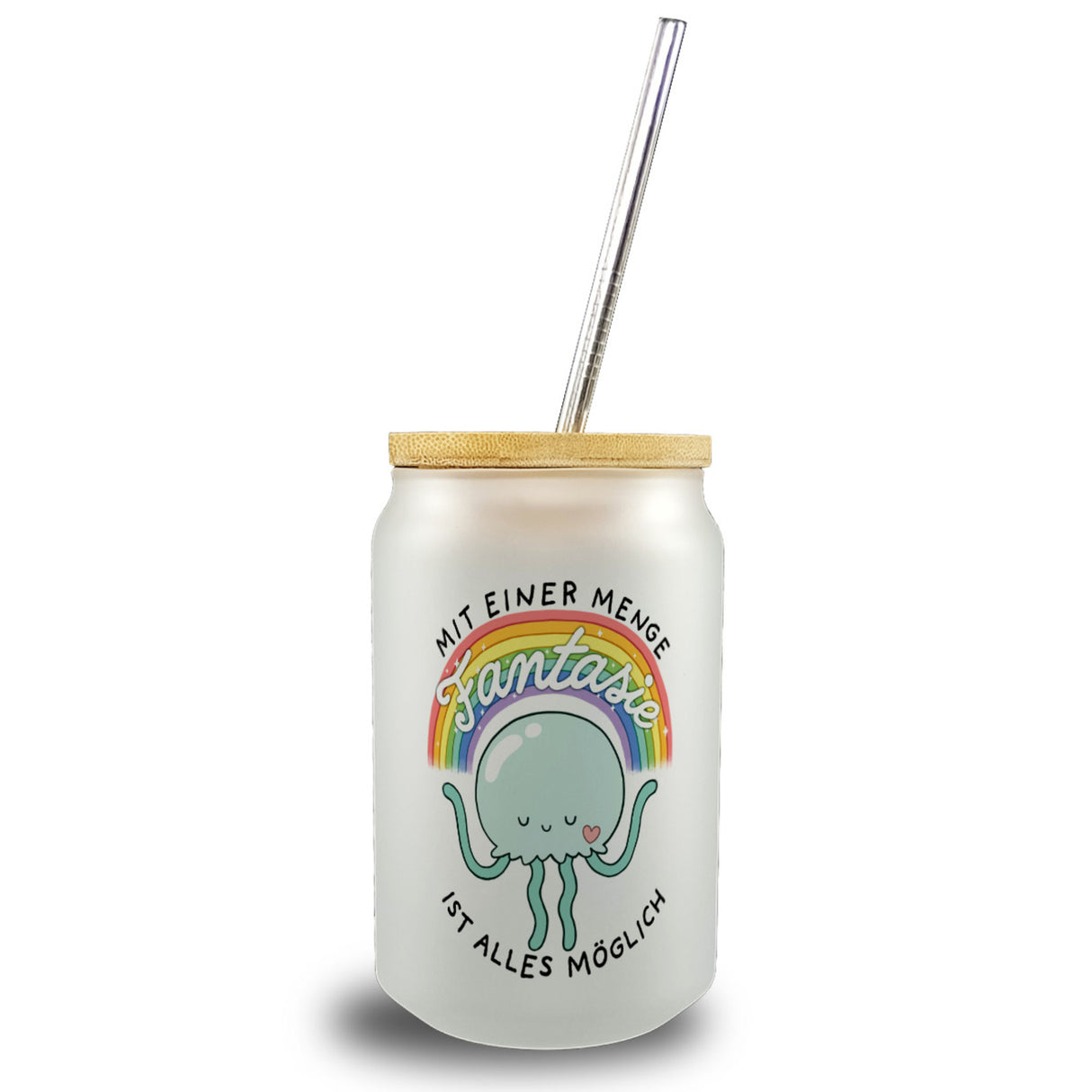Jelly & Friends Qualle Trinkglas mit Bambusdeckel mit Spruch Mit Fantasie ist alles möglich