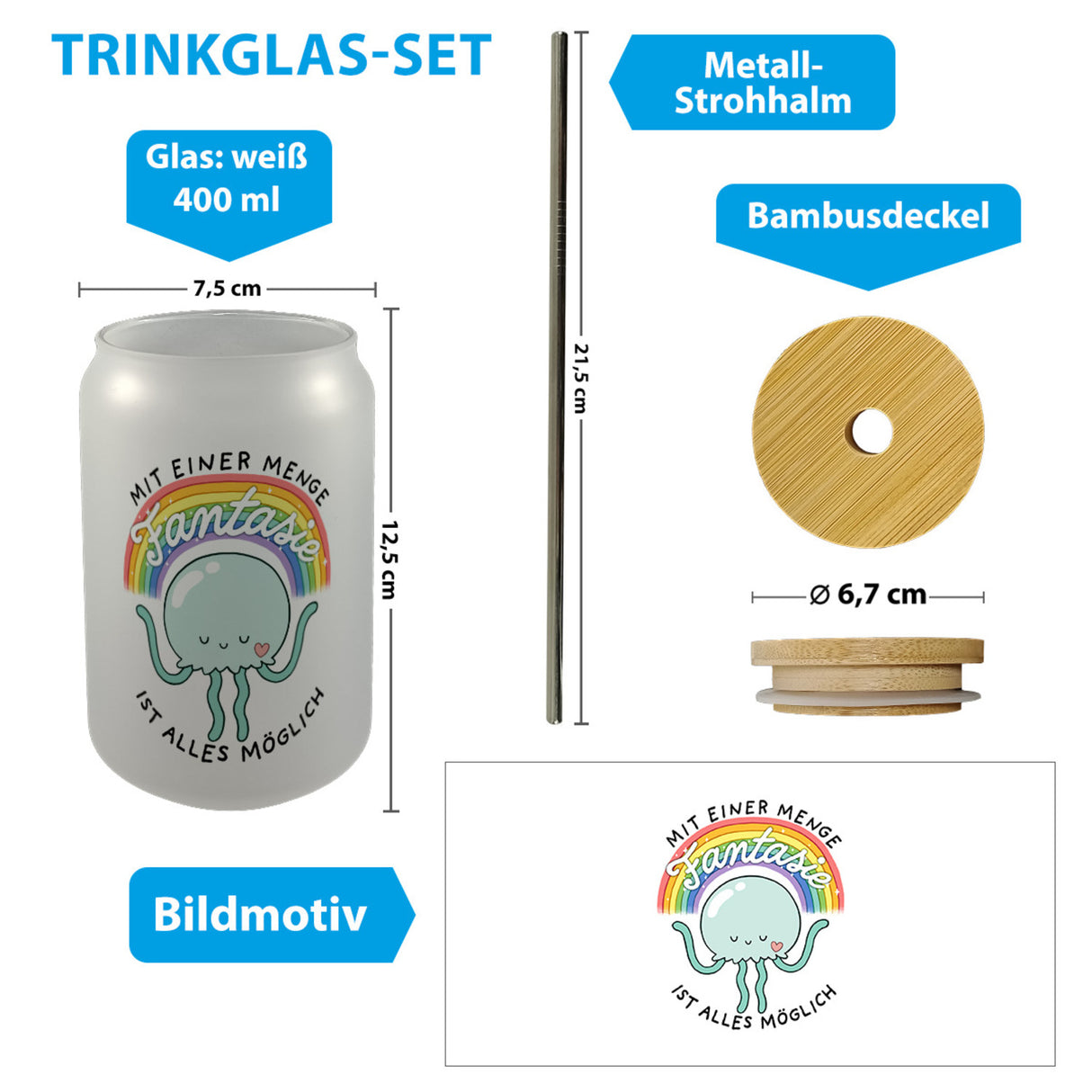 Jelly & Friends Qualle Trinkglas mit Bambusdeckel mit Spruch Mit Fantasie ist alles möglich