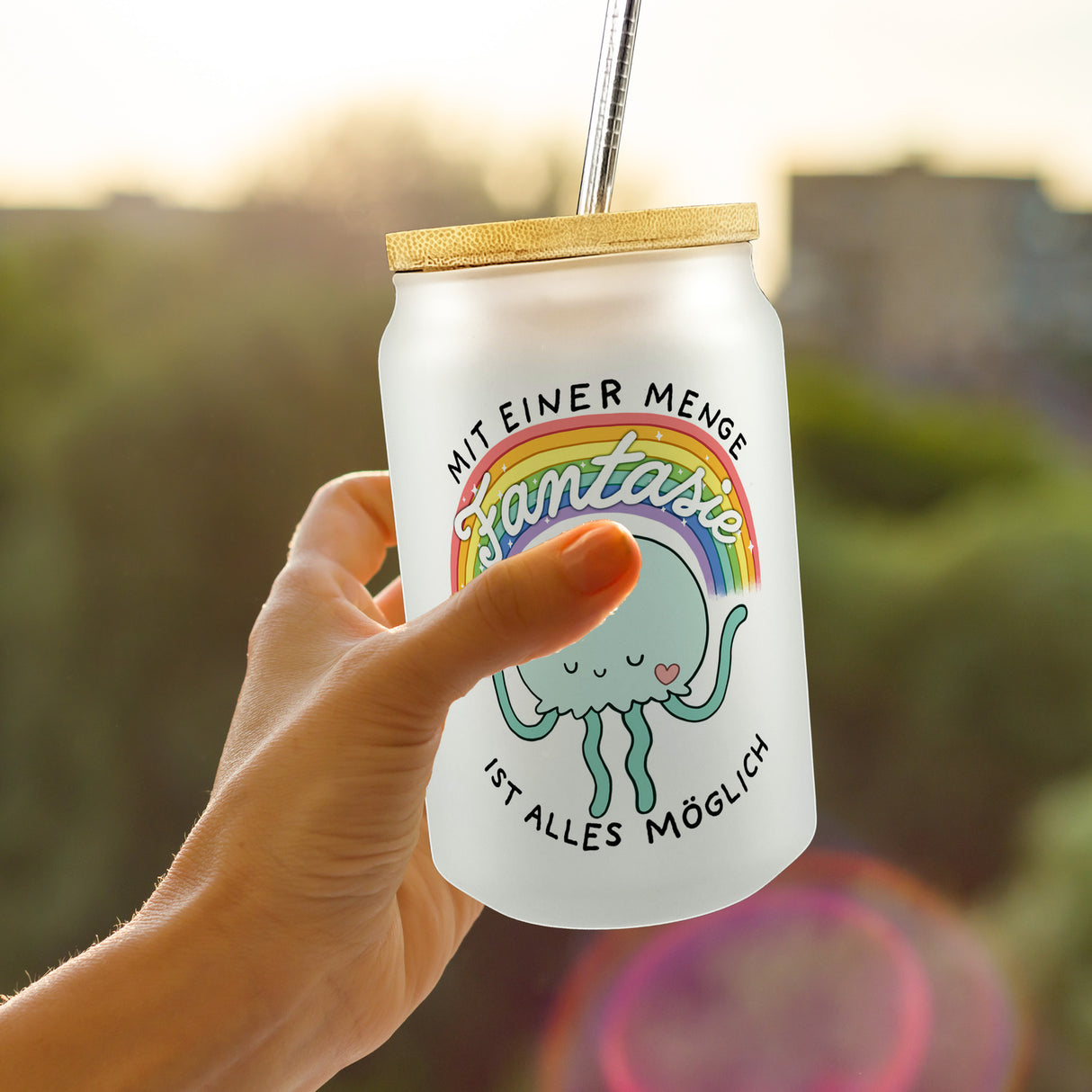 Jelly & Friends Qualle Trinkglas mit Bambusdeckel mit Spruch Mit Fantasie ist alles möglich