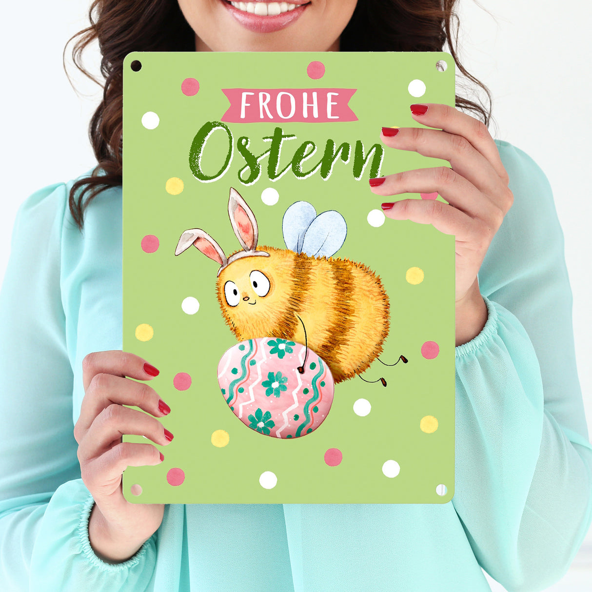 Pummel Biene Metallschild in 15x20 cm mit Spruch Frohe Ostern
