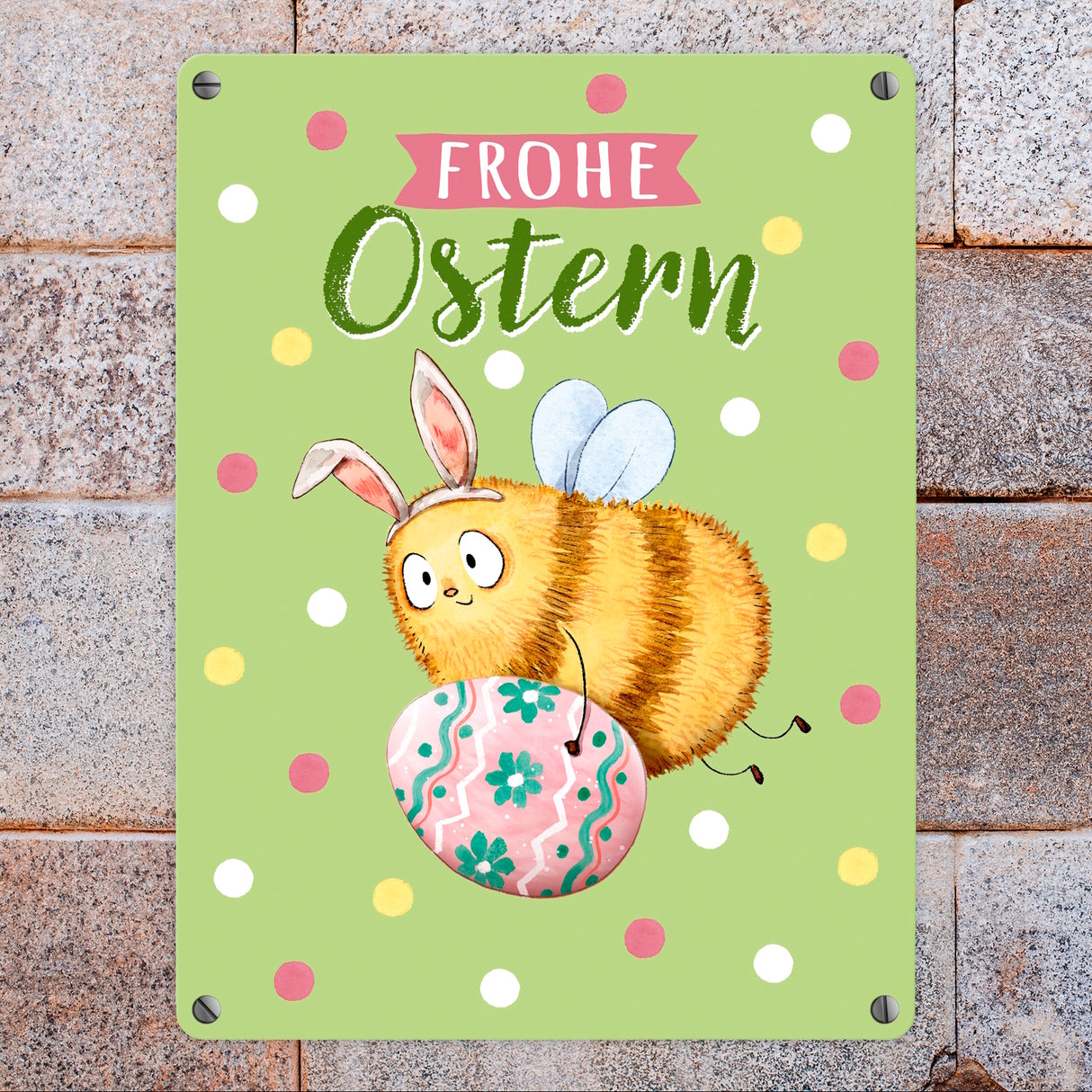 Pummel Biene Metallschild in 15x20 cm mit Spruch Frohe Ostern