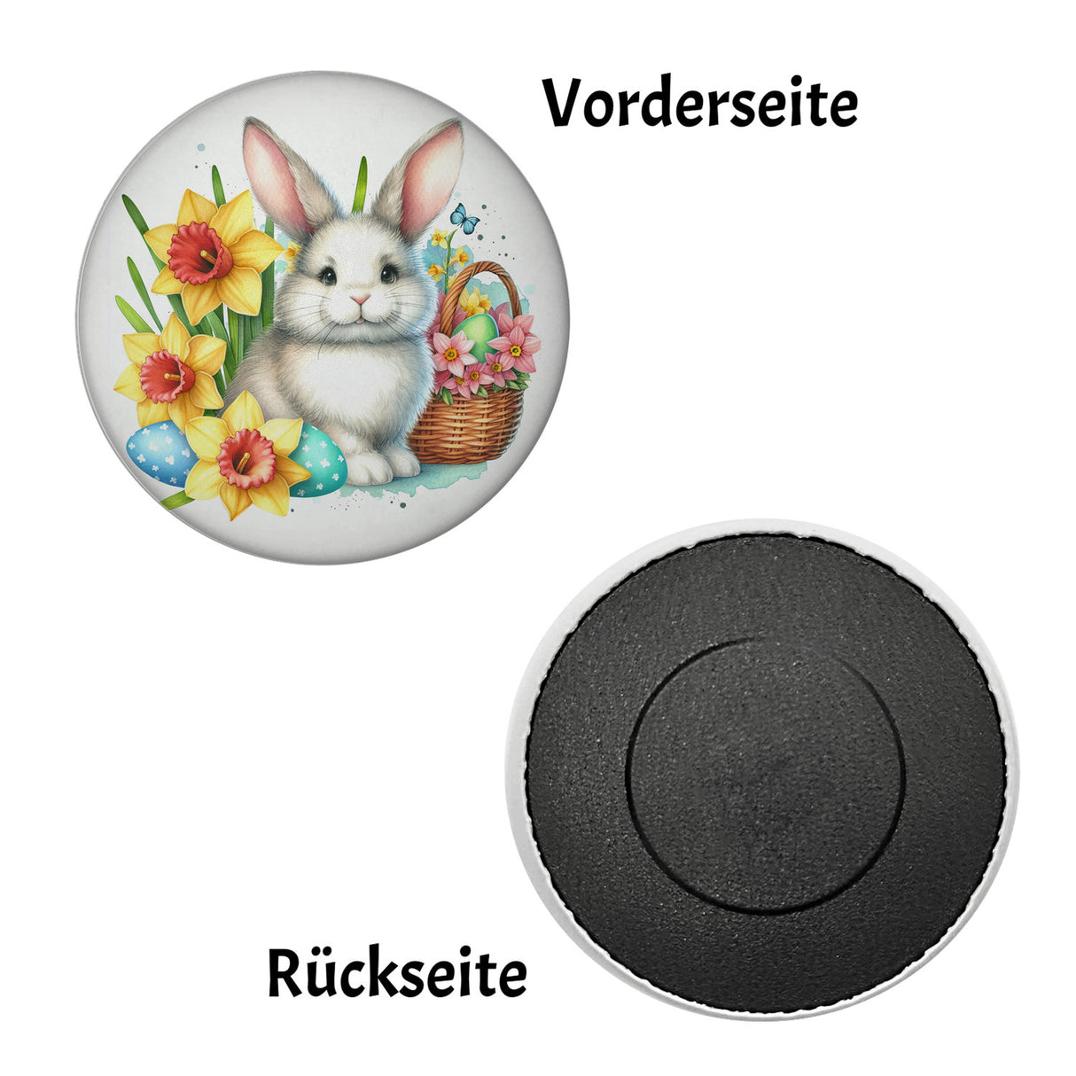 Osterhase neben Osterkorb Magnet rund