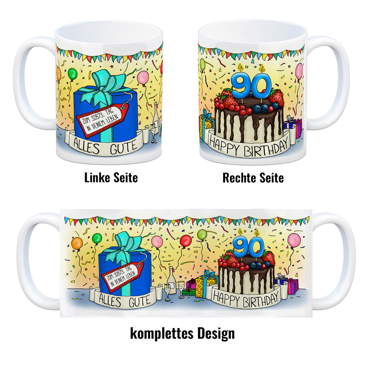 90. Geburtstag Tasse mit Kuchen und Geschenk und Anhänger: zum 32873. Tag
