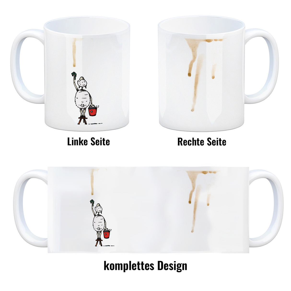 Kaffeebecher mit Putz-Schaf und Kaffeefleck Motiv