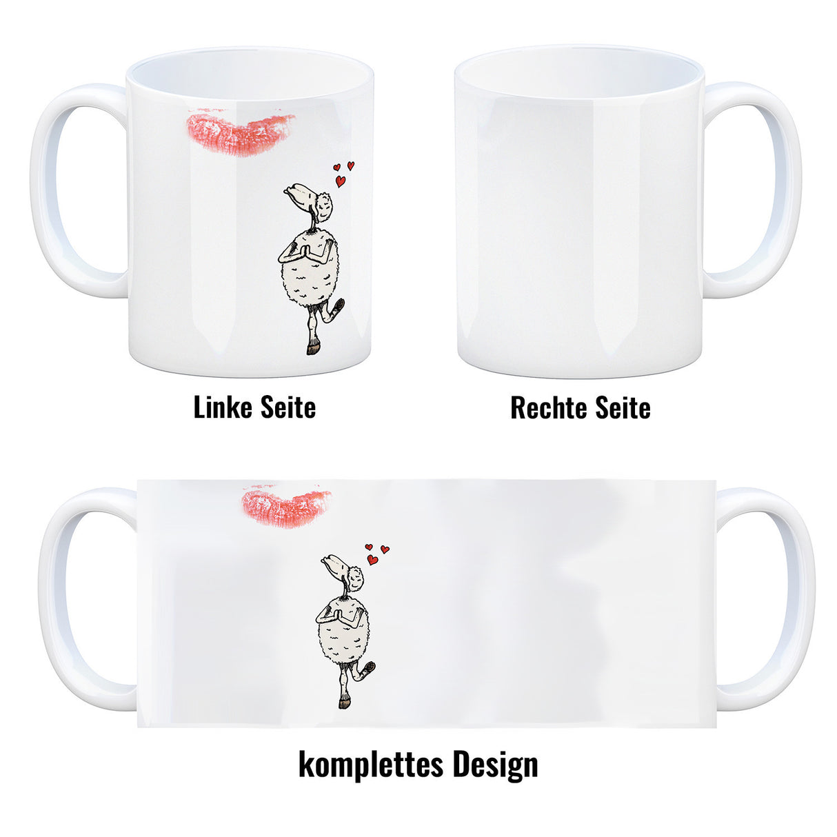 Kaffeebecher mit Putz-Schaf und Lippenstift Motiv