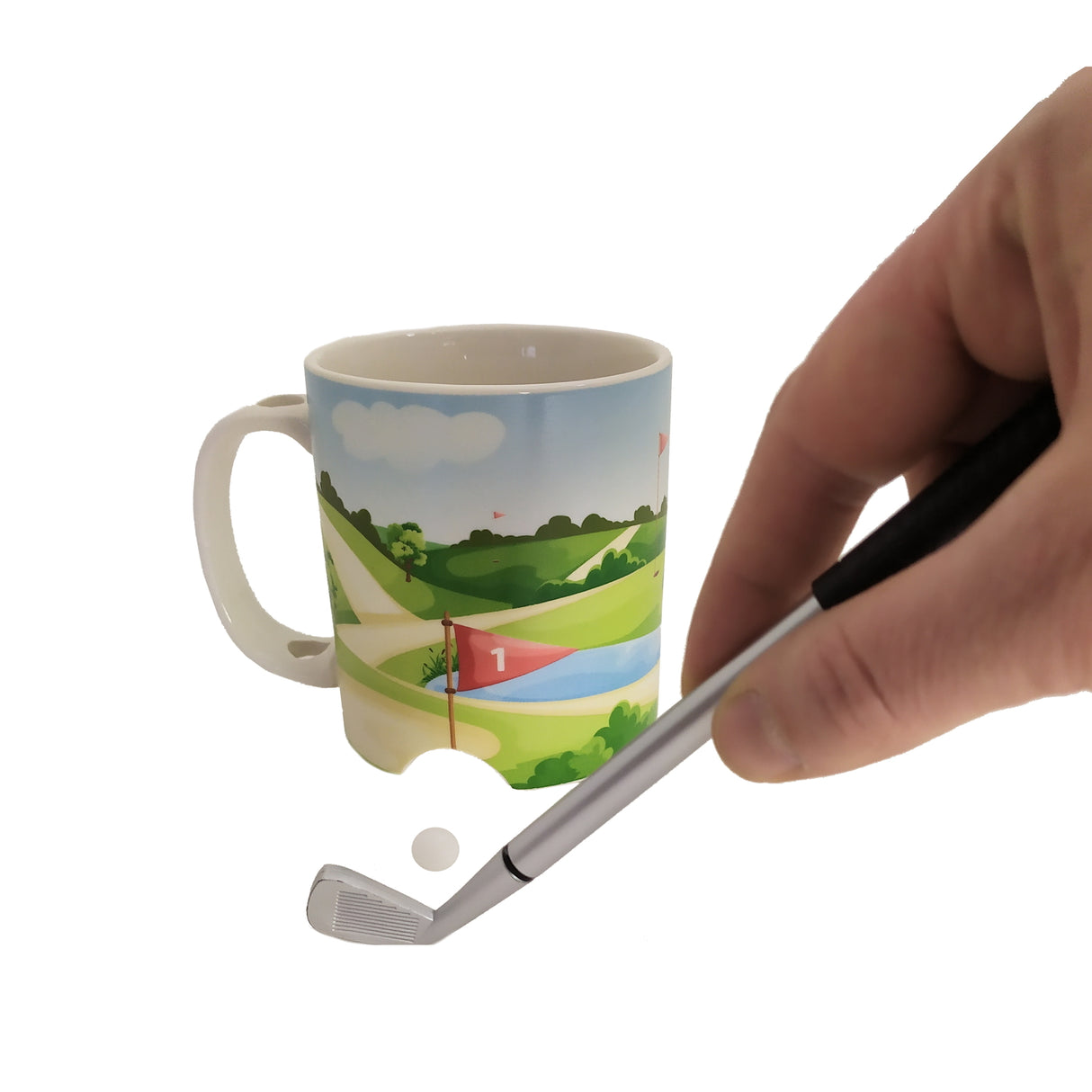 Golf Kaffeebecher mit Ball und Schläger-Stift
