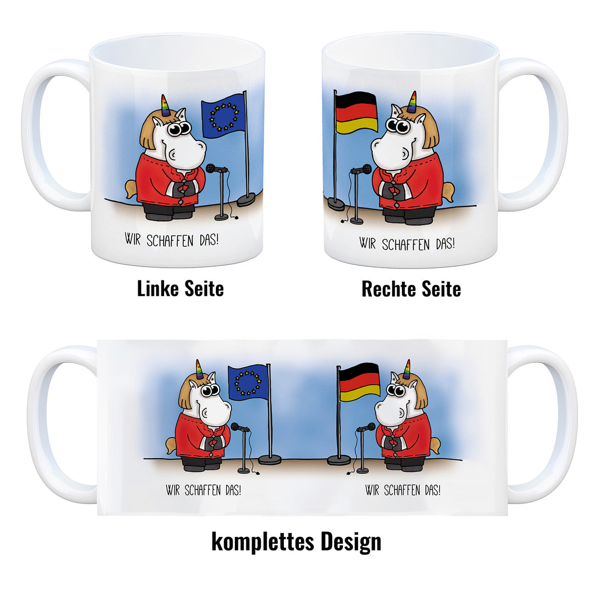 Honeycorns Kaffeebecher mit Einhorn Motiv und Spruch: Wir schaffen das!