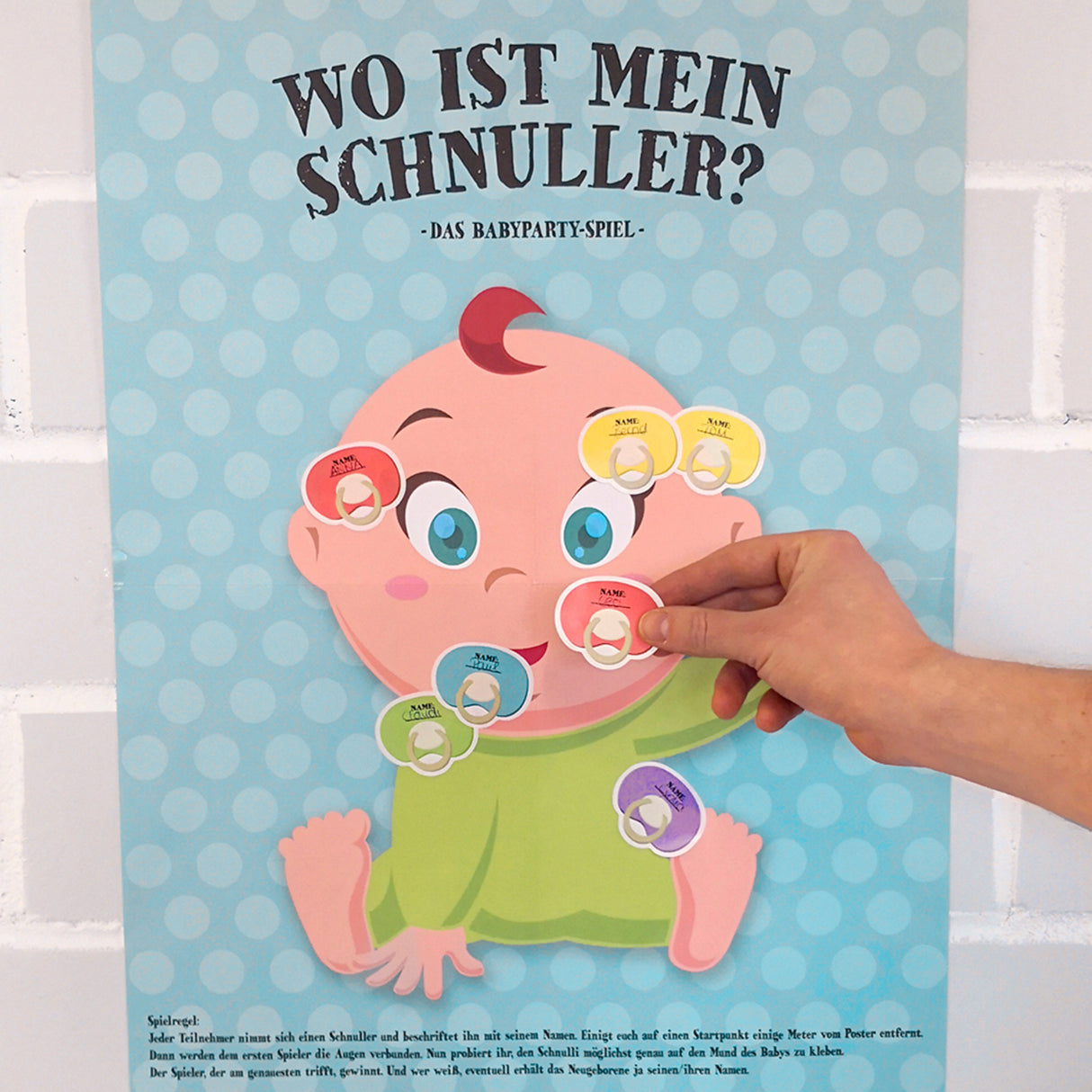 Wo ist mein Schnuller? Babyparty Spiel mit 20 Aufklebern