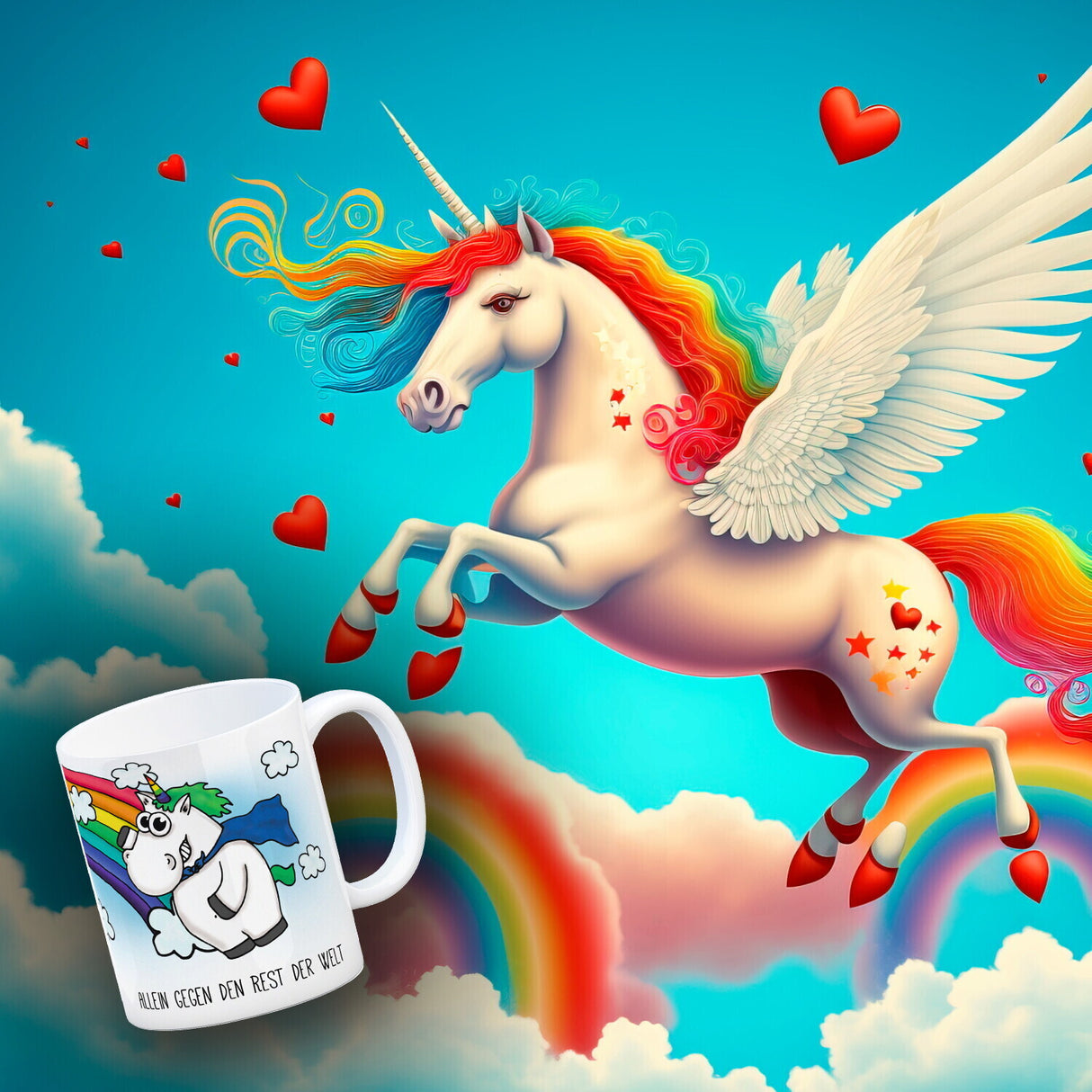Honeycorns Kaffeebecher mit Einhorn Motiv und Spruch: Allein gegen ...