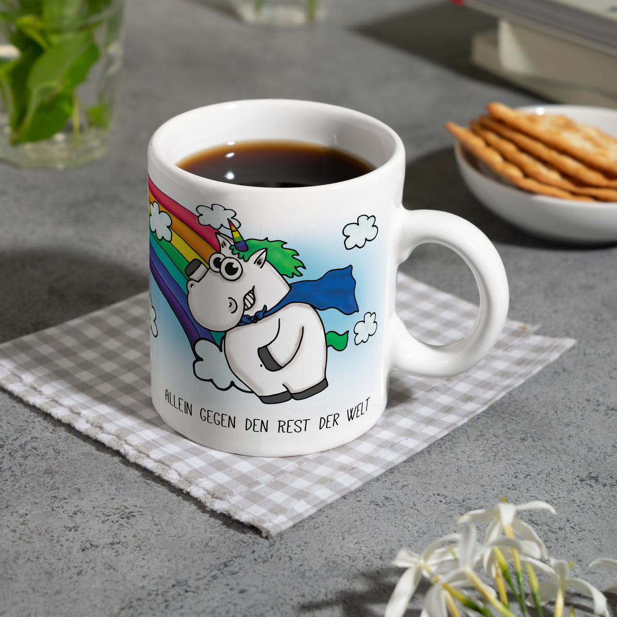 Honeycorns Kaffeebecher mit Einhorn Motiv und Spruch: Allein gegen ...