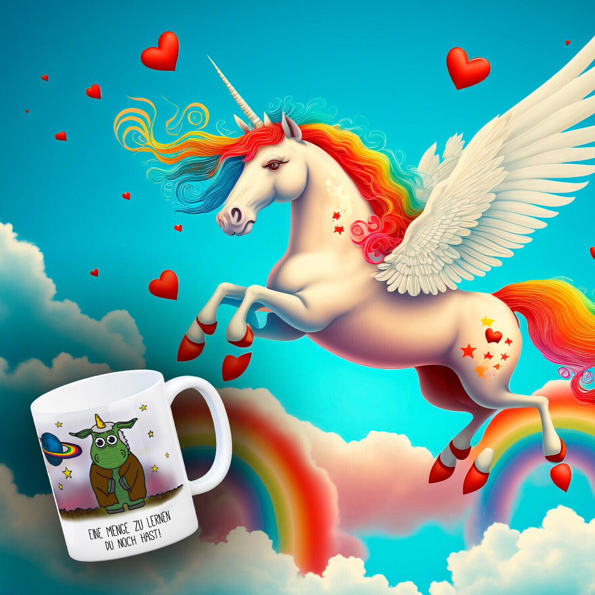 Honeycorns Kaffeebecher mit Weltraum Einhorn Motiv und Spruch: Eine Menge zu lernen ...