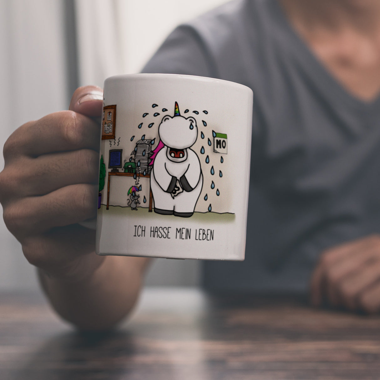 Honeycorns Kaffeebecher mit Einhorn Motiv und Spruch: Ich hasse mein Leben